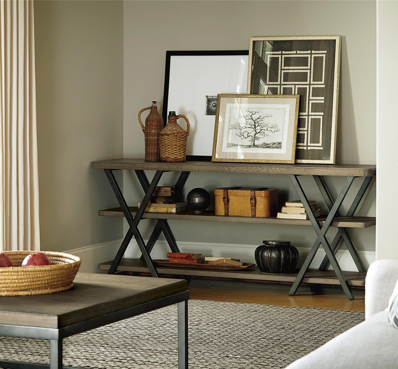 French Industrial Oak Wood and Metal Console Table