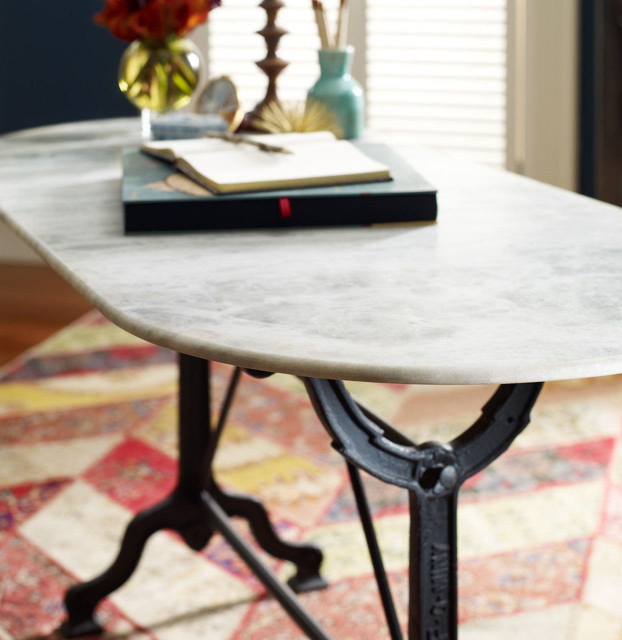 French Industrial White Marble Top Oval Writing Desk