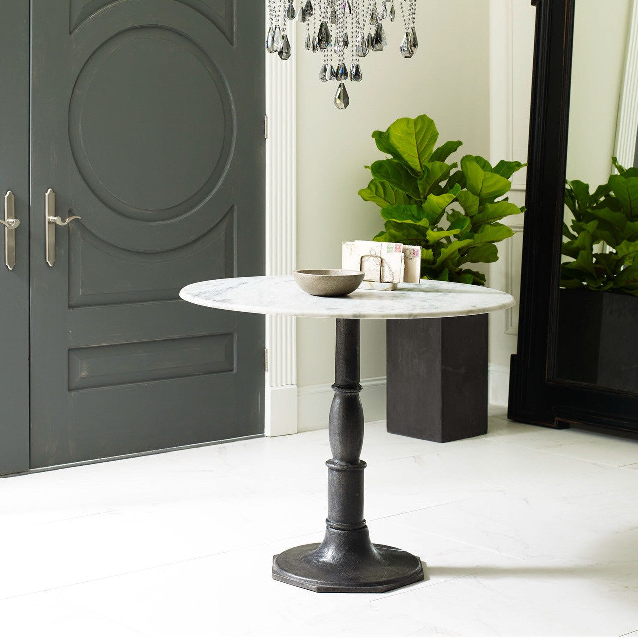 French Industrial White Marble Top Pedestal Round Bistro Table