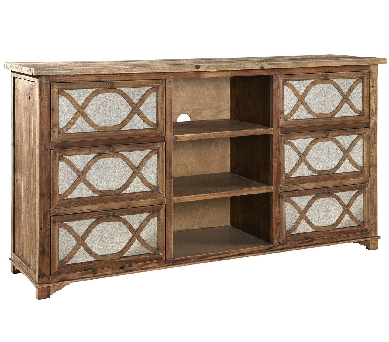 French Lattice Reclaimed Wood Mirrored Media Cabinet