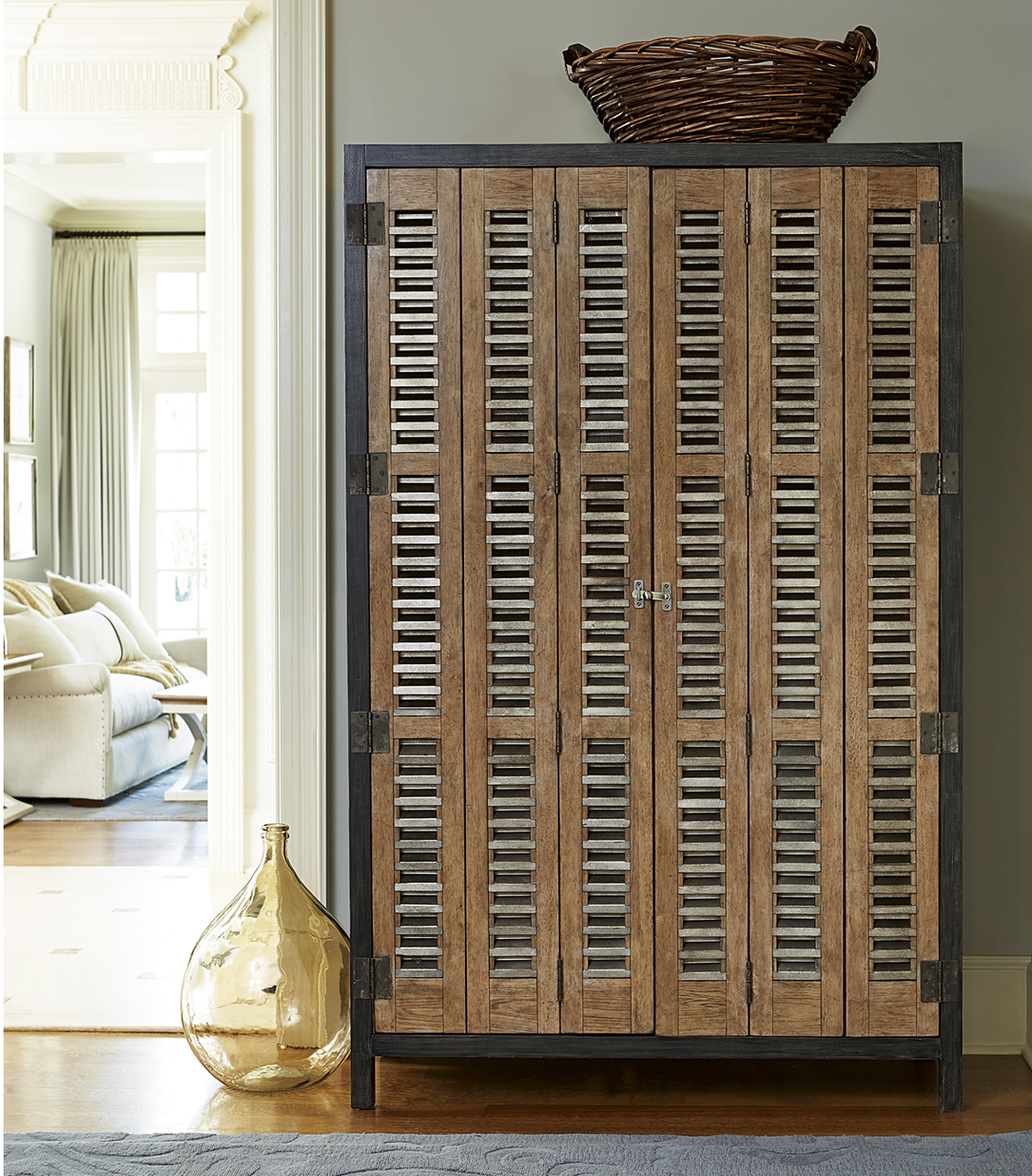French Modern Industrial Vintage Bar Cabinet with metal doors