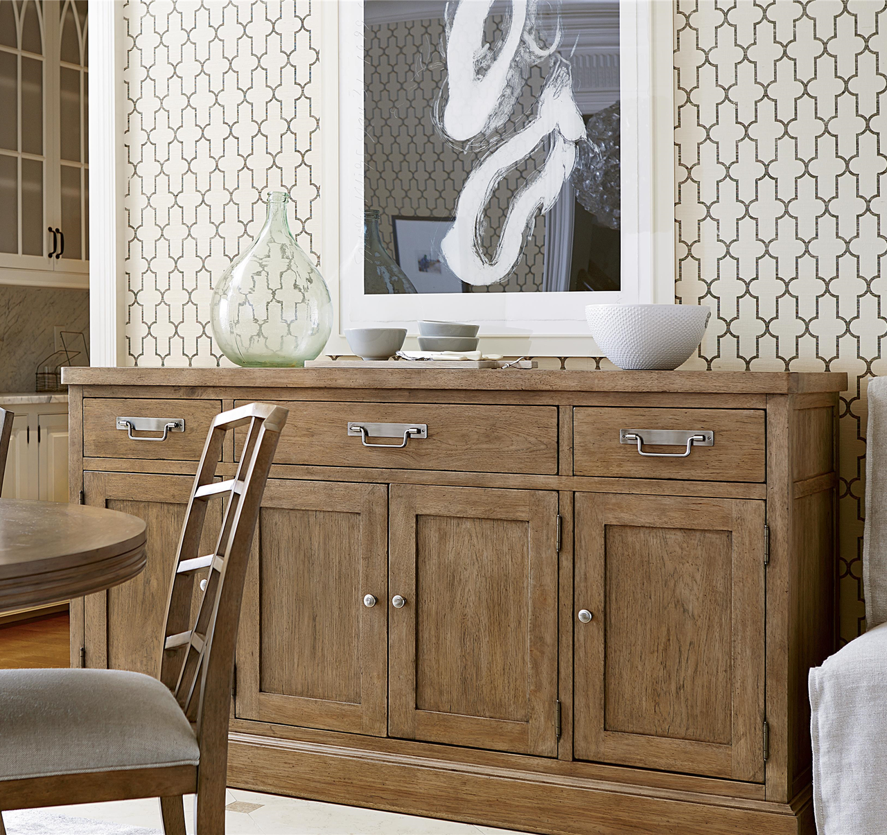 French Modern Light Wood 4 Door 3 Drawer Buffet Sideboard Credenza