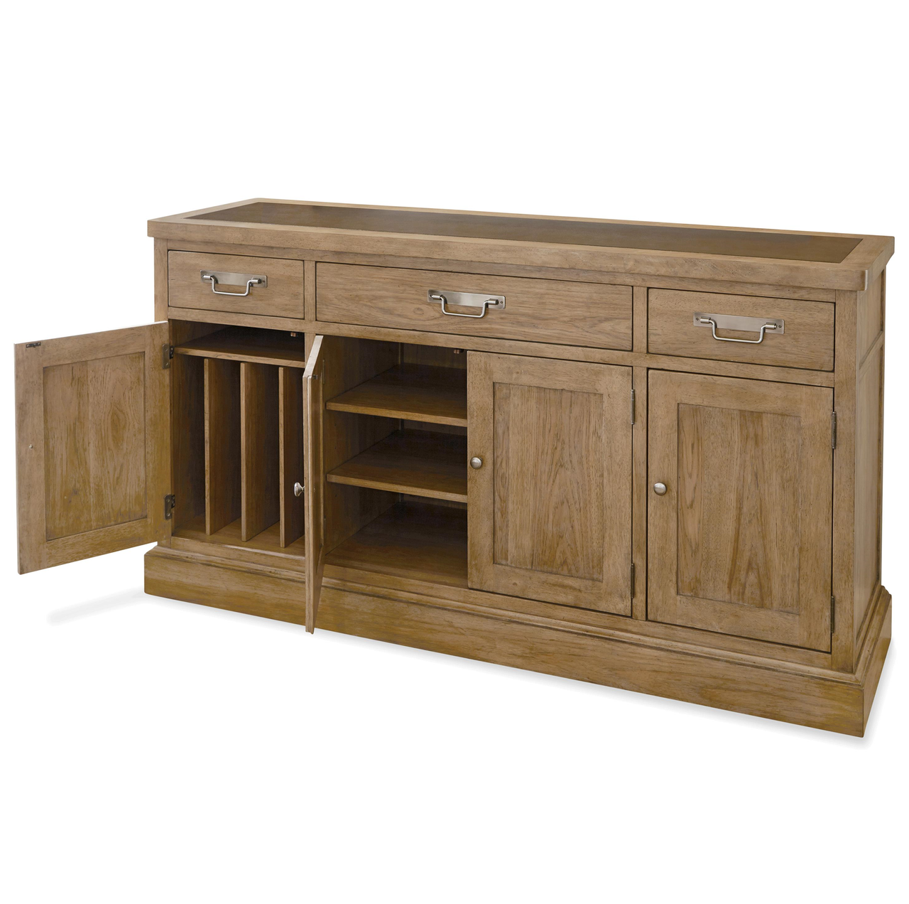 French Modern Light Wood 4 Door Buffet Sideboard with Metal Top