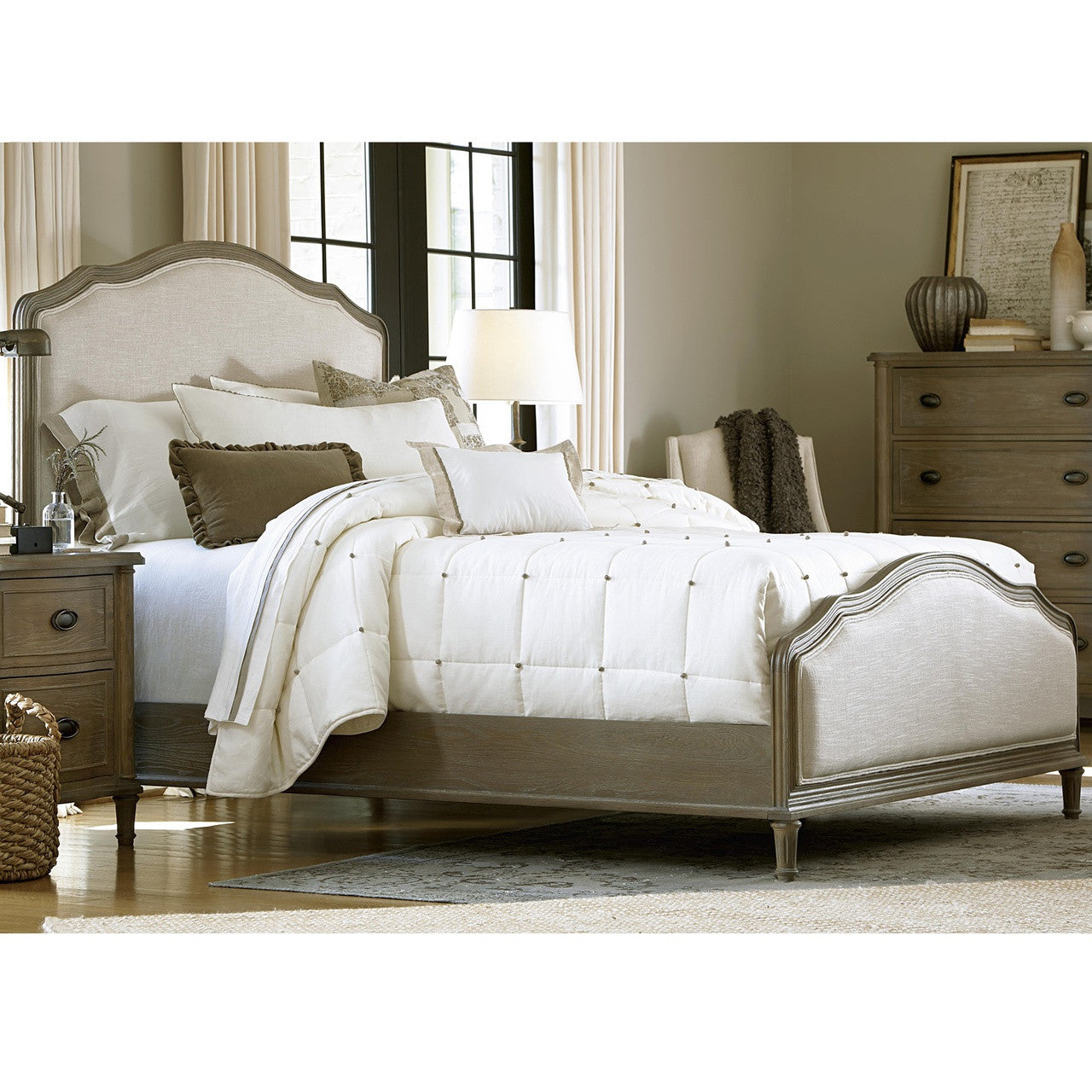 French Oak Camelback Queen Upholstered Panel Bed