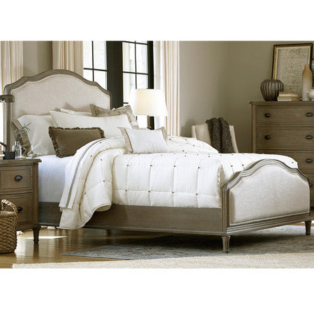 French Oak Camelback Queen Upholstered Panel Bed