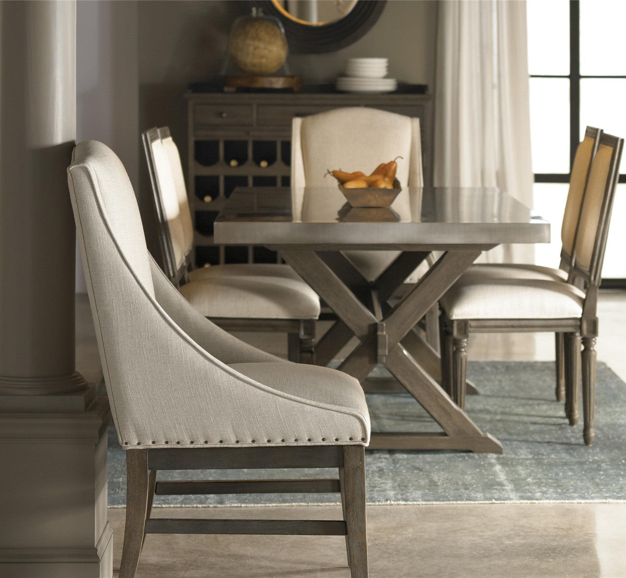 French Oak Nailhead Fabric Armchair