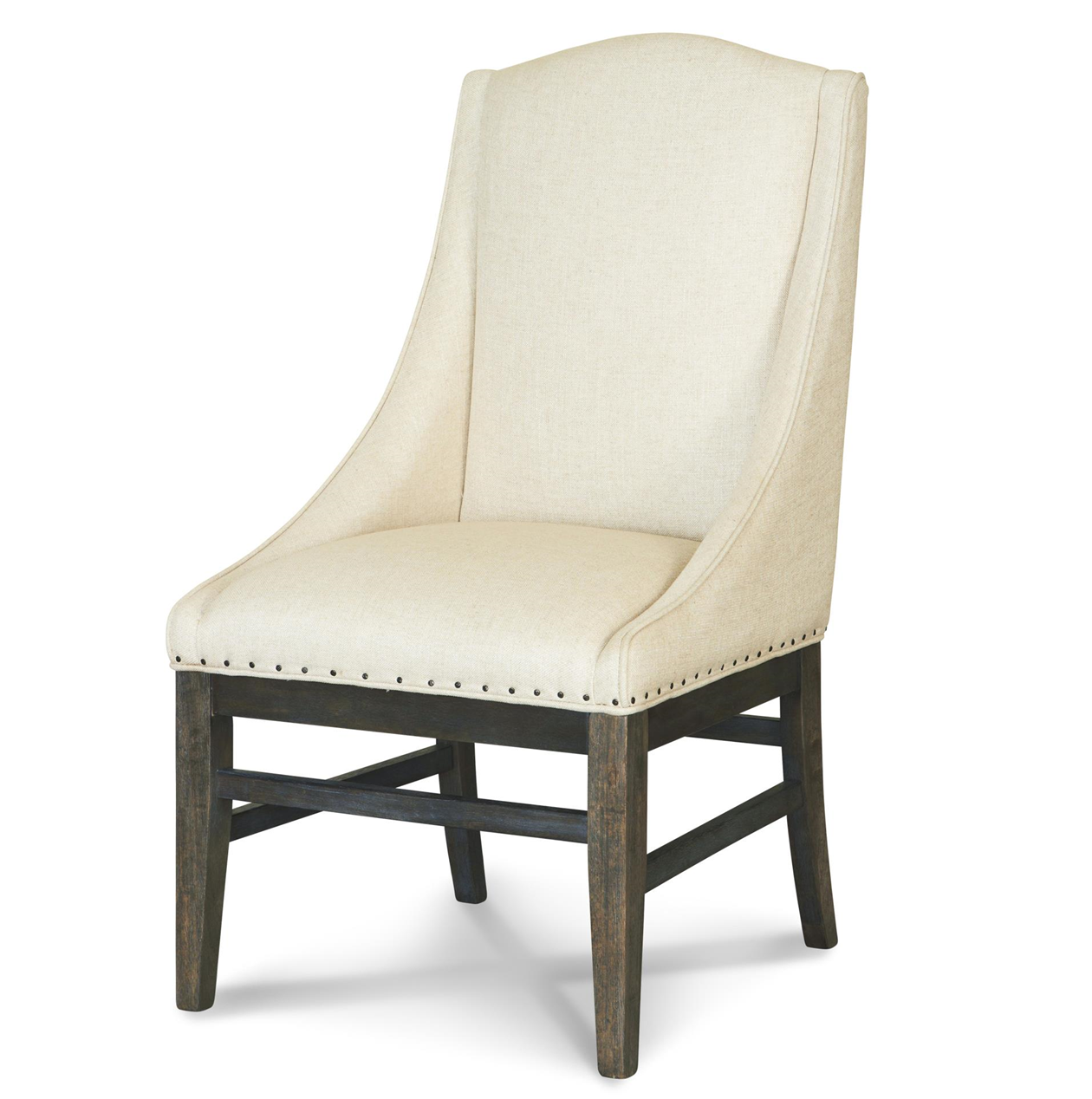 French Brown Oak Nailhead Fabric Dining Arm Chair