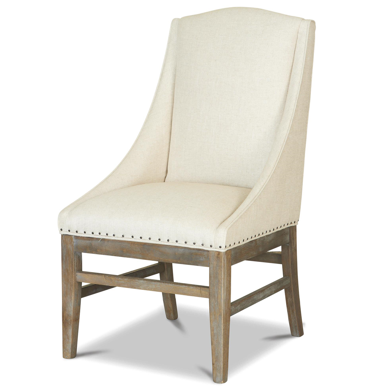 French Weathered Oak Nailhead Upholstered Dining Arm Chair