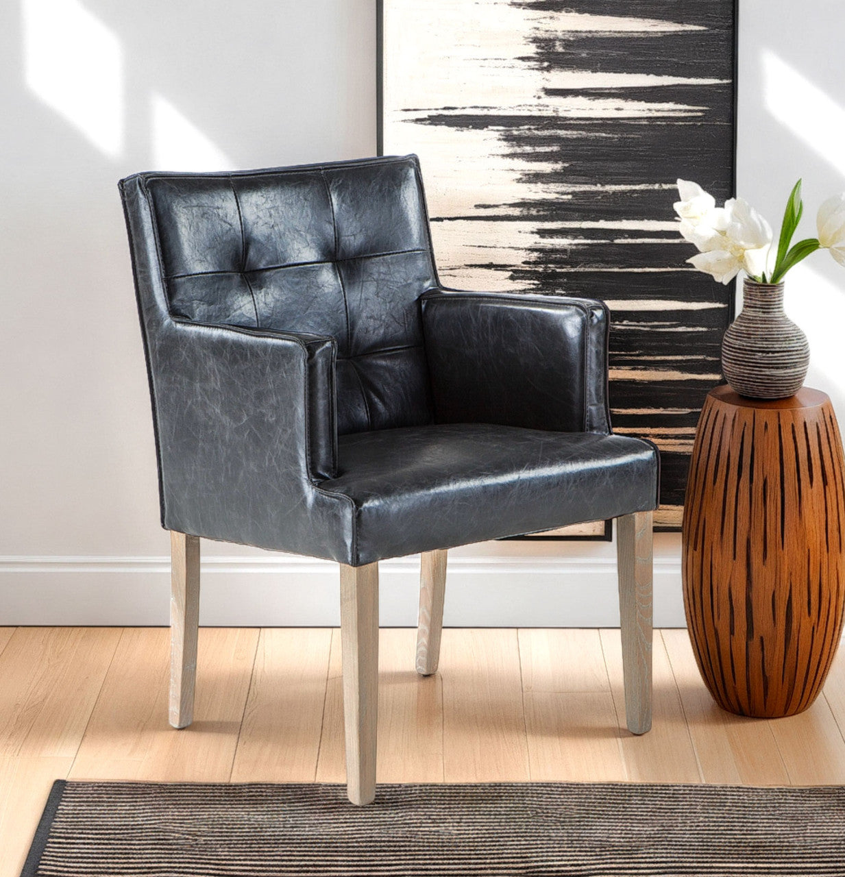 Madison 24" Dining Armchair in Black Leather with Light Legs