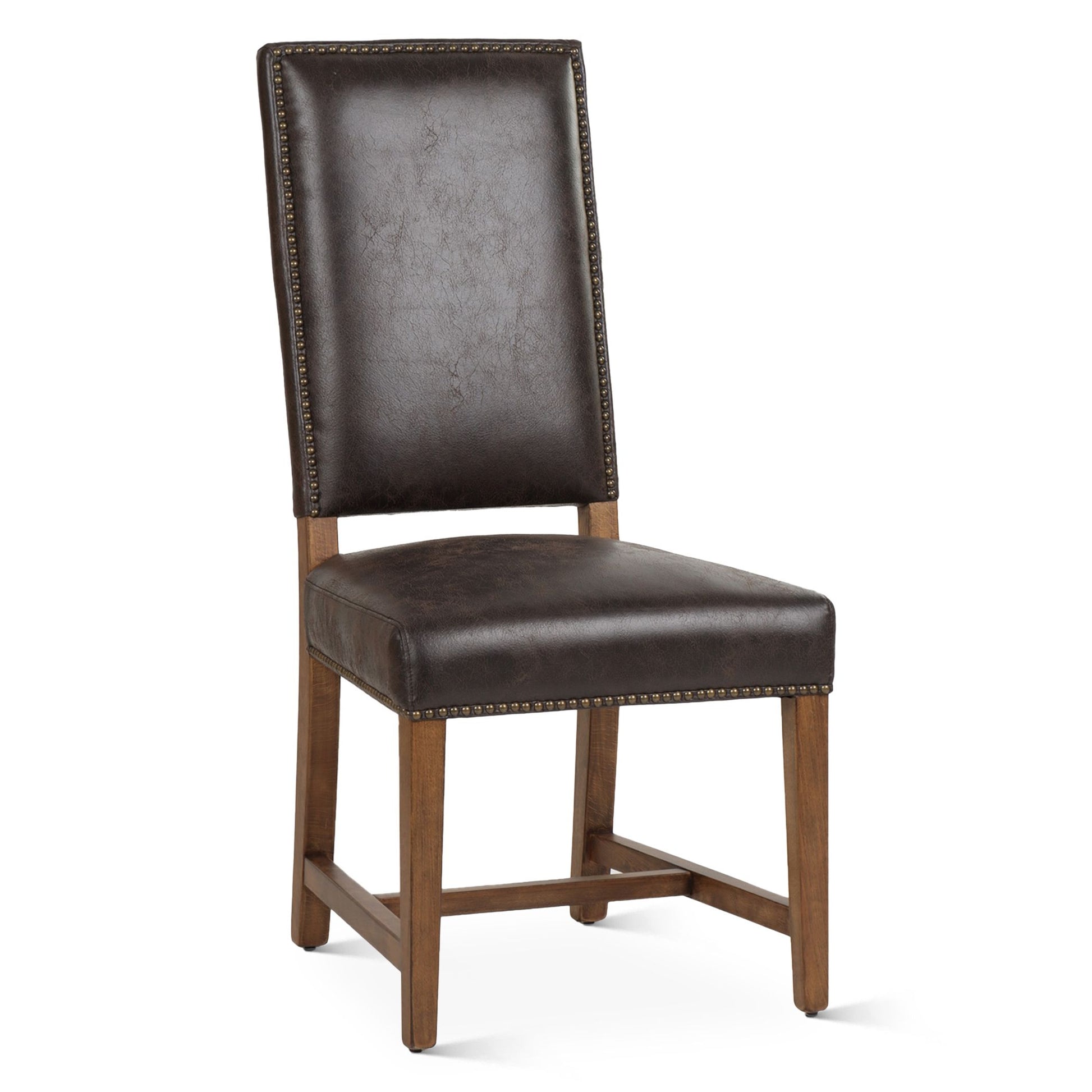 Brown leather dining chair with wooden frame on a white background