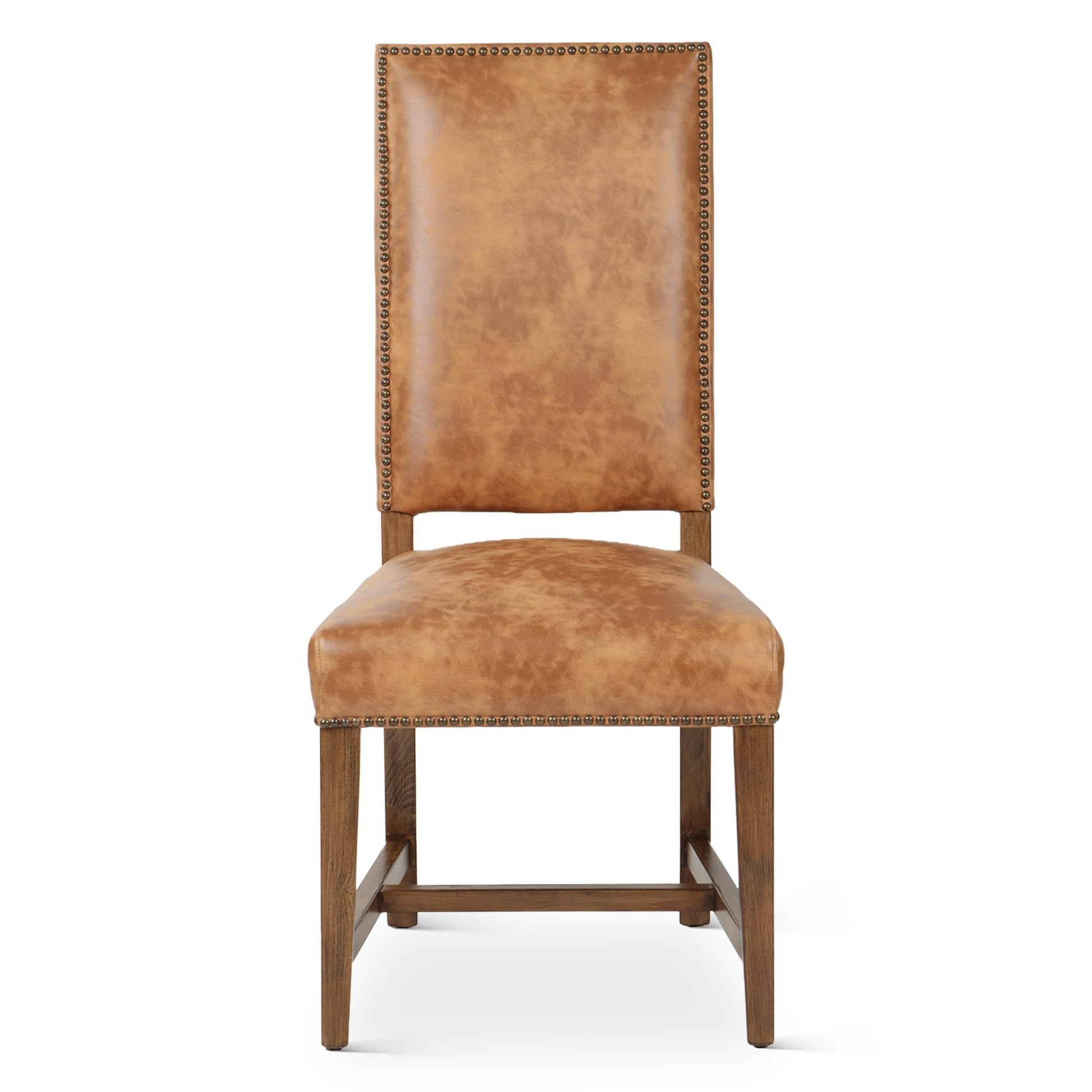 Brown leather chair with nailhead trim on a white background