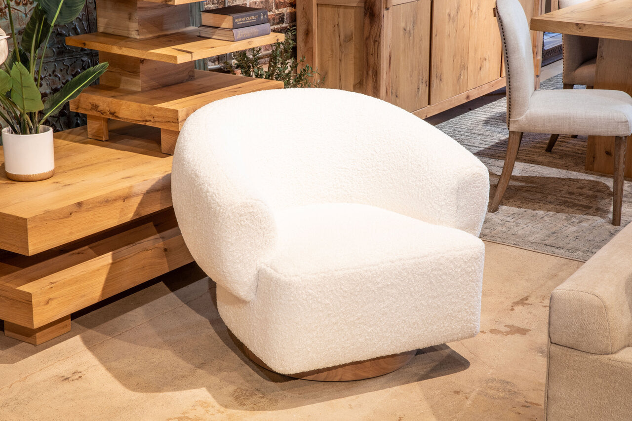 Estelle 35" Swivel Accent Chair in Cream Boucle Fabric