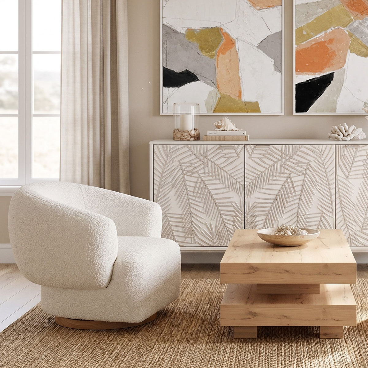 Estelle 35" Swivel Accent Chair in Cream Boucle Fabric - manufacturer view 3