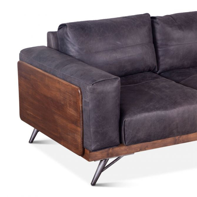 Mid Century Sofa in Leather and Wood - Antique Ebony