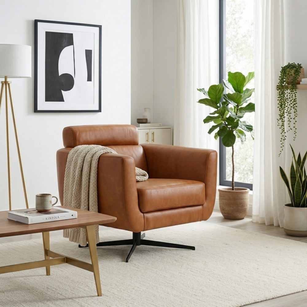 Helena Durable Top Grain Tan Leather Swivel Chair