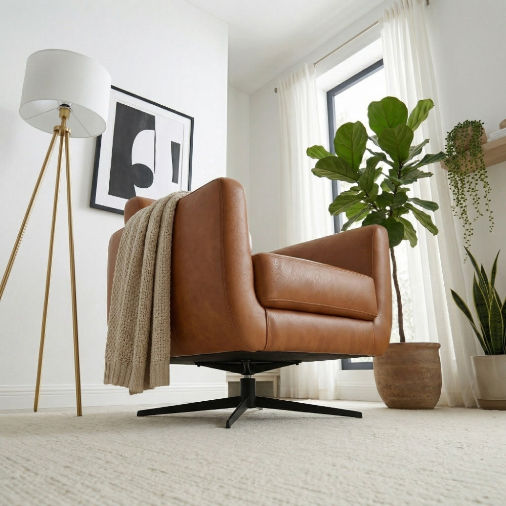 Helena Durable Top Grain Tan Leather Swivel Chair