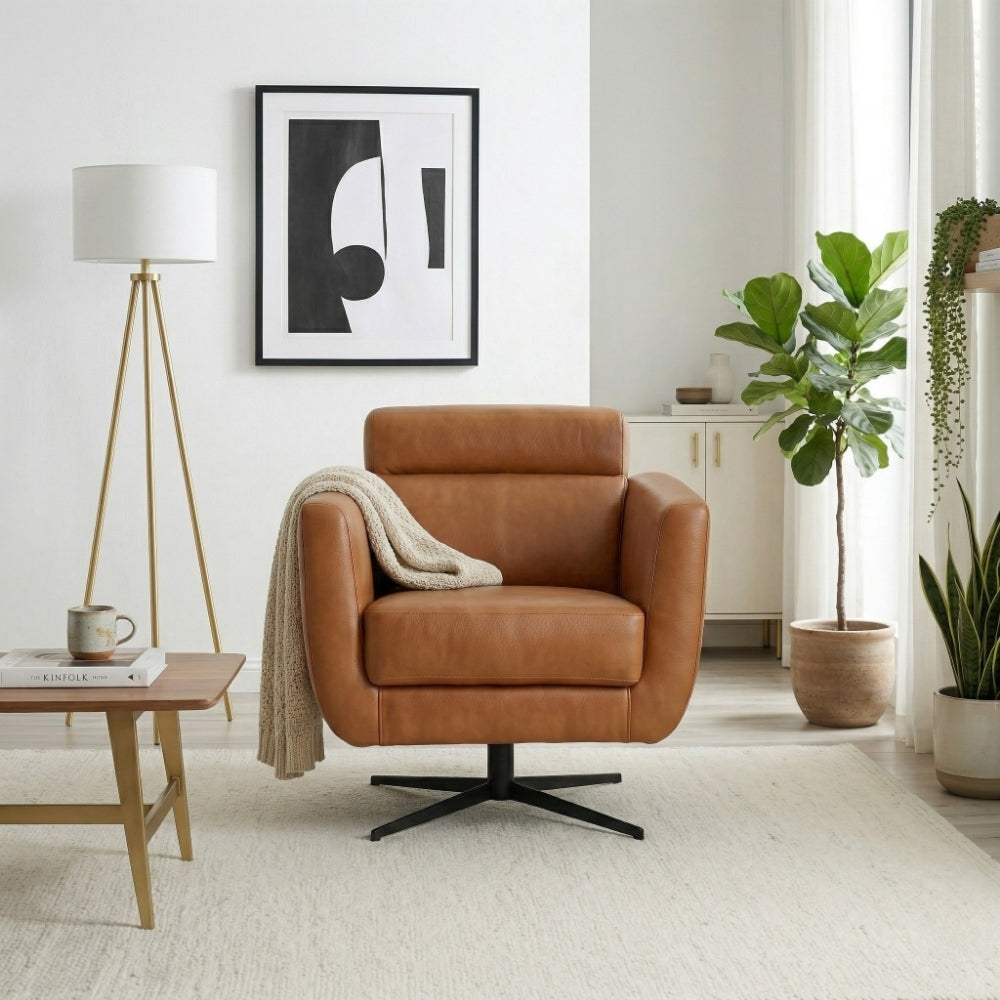 Helena Durable Top Grain Tan Leather Swivel Chair