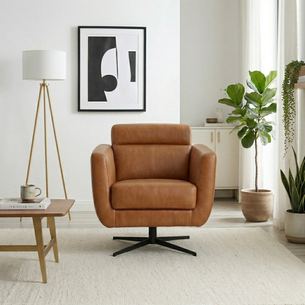 Helena Durable Top Grain Tan Leather Swivel Chair
