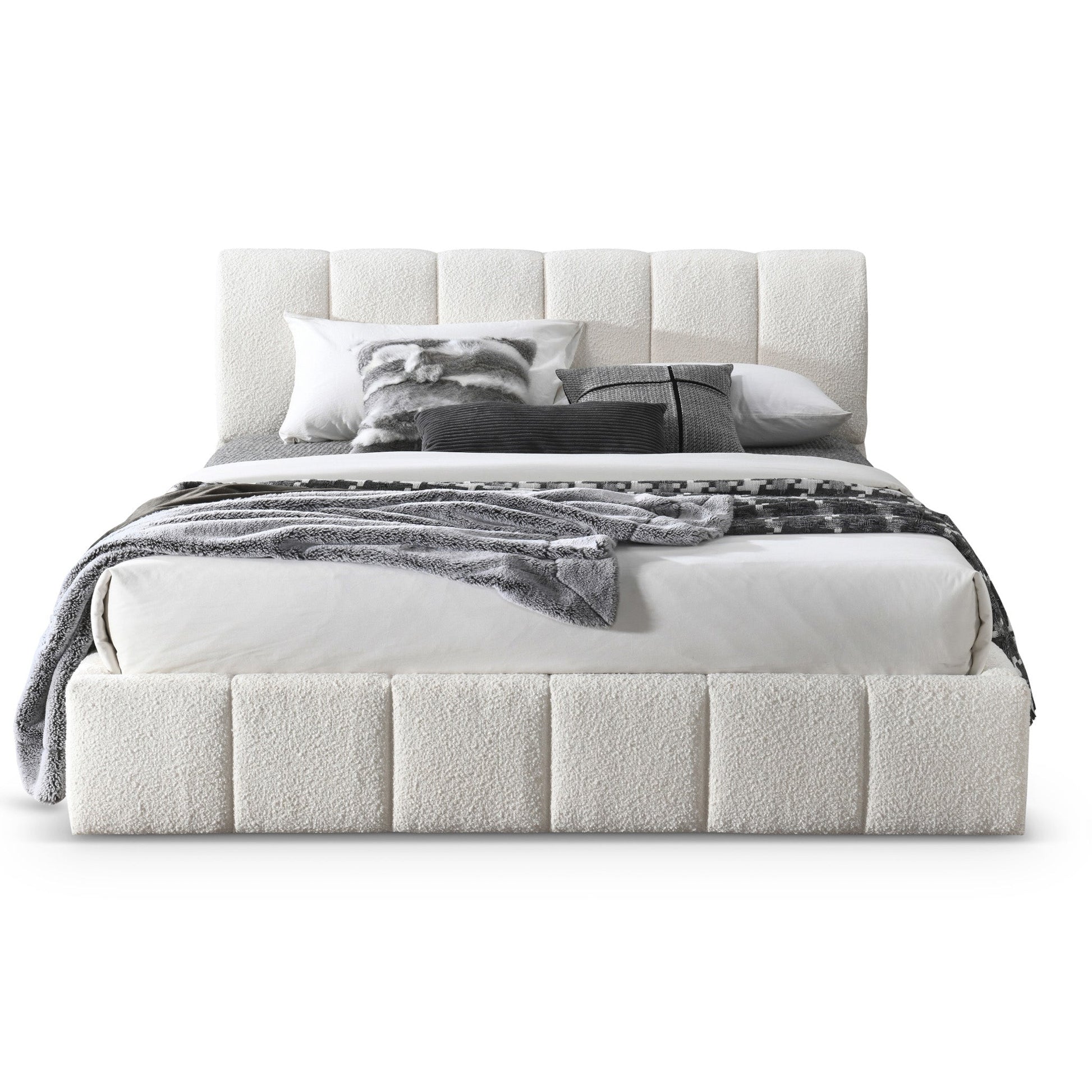 Hilar Modern White Bouclé King Size Platform Bed