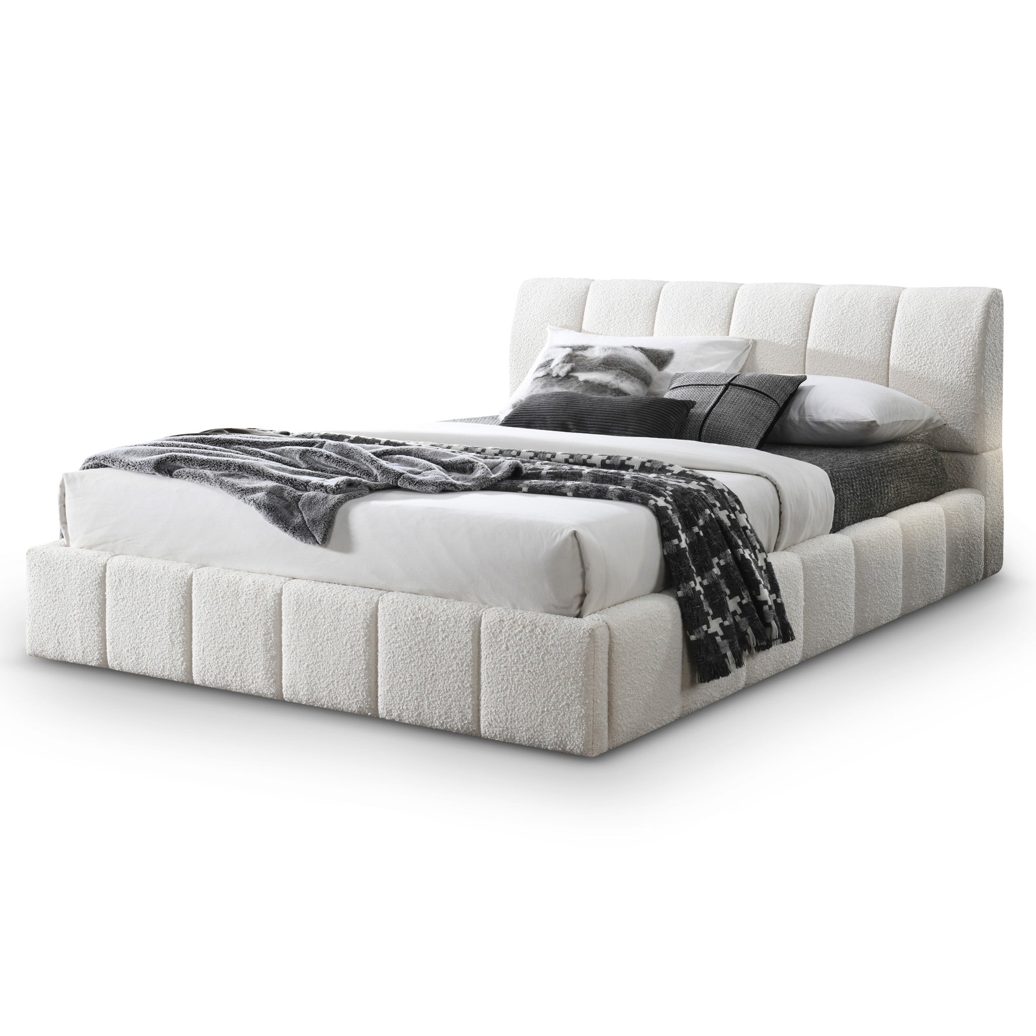 Hilar Modern White Bouclé King Size Platform Bed