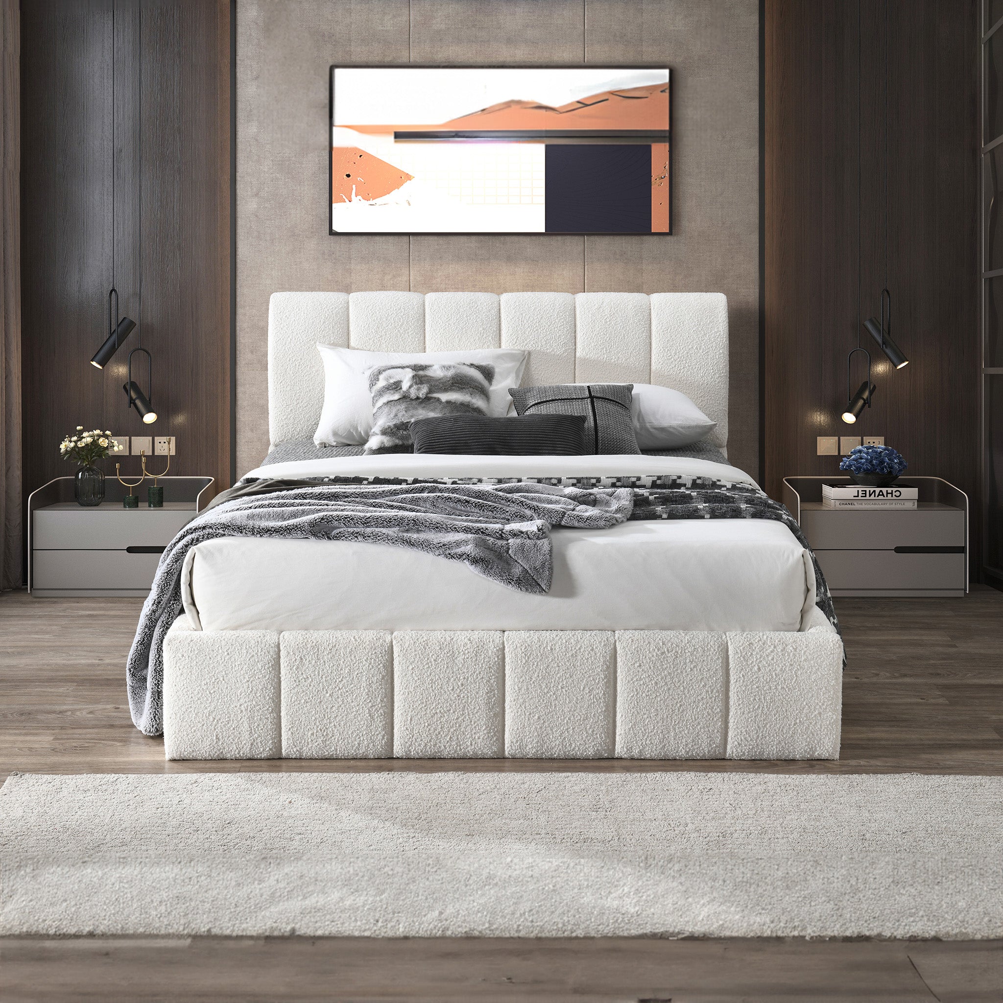 Hilar Modern White Bouclé Queen Size Platform Bed