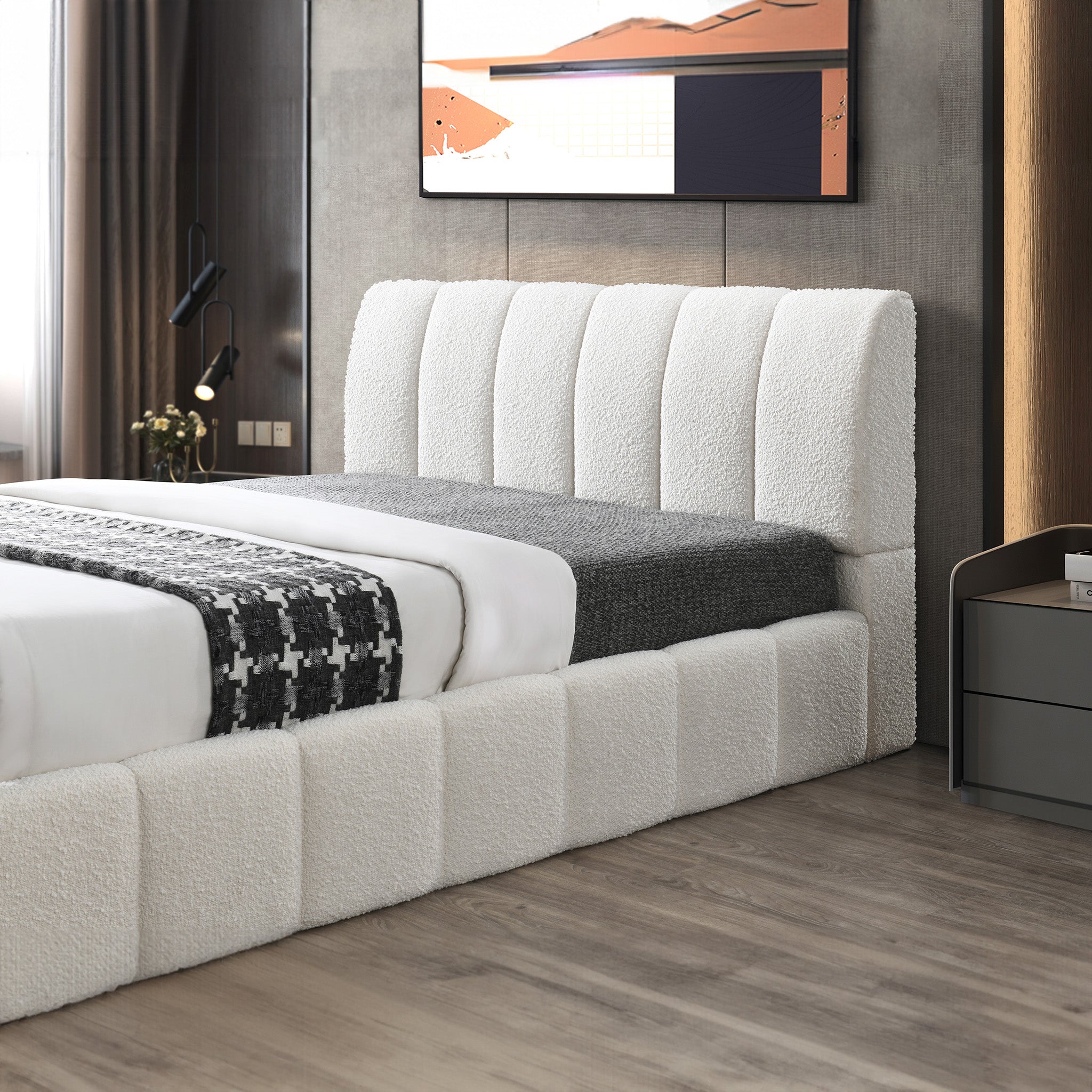 Hilar Modern White Bouclé Queen Size Platform Bed
