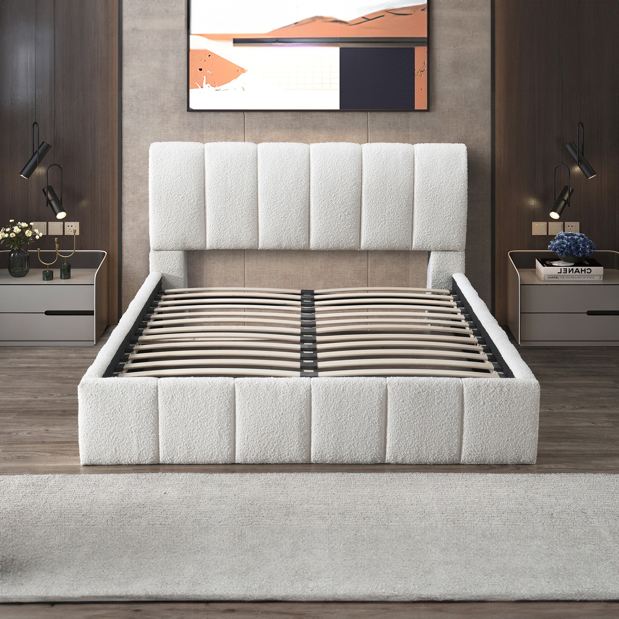 Hilar Modern White Bouclé Queen Size Platform Bed