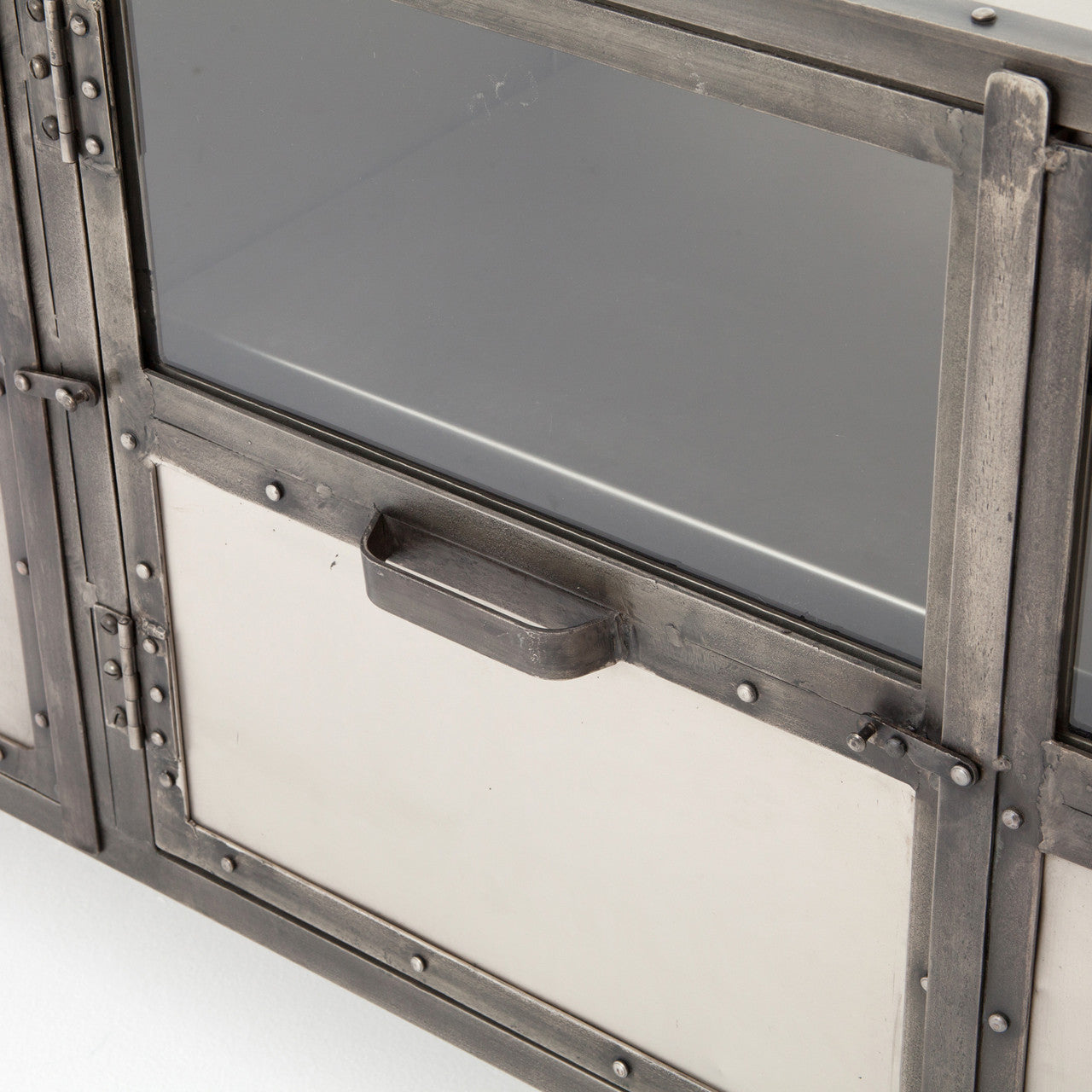 Element Industrial Iron Media Stand-Nickel  with glass doors