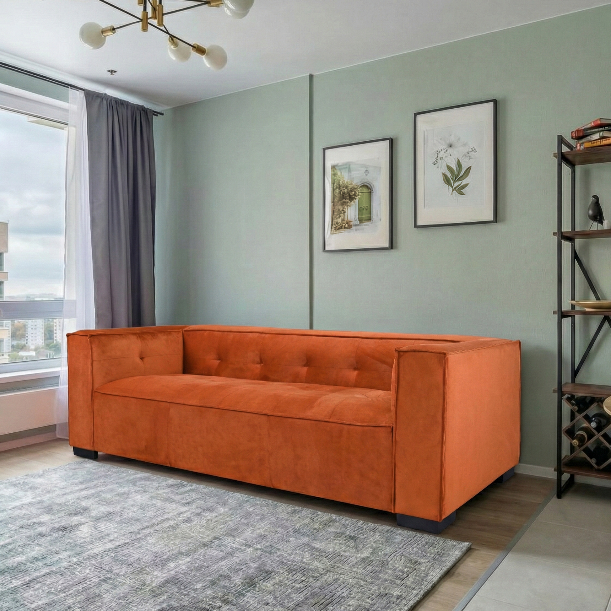 Johnston Modern Velvet Upholstered Sofa with Wide Square Arms and Biscuit Tufting