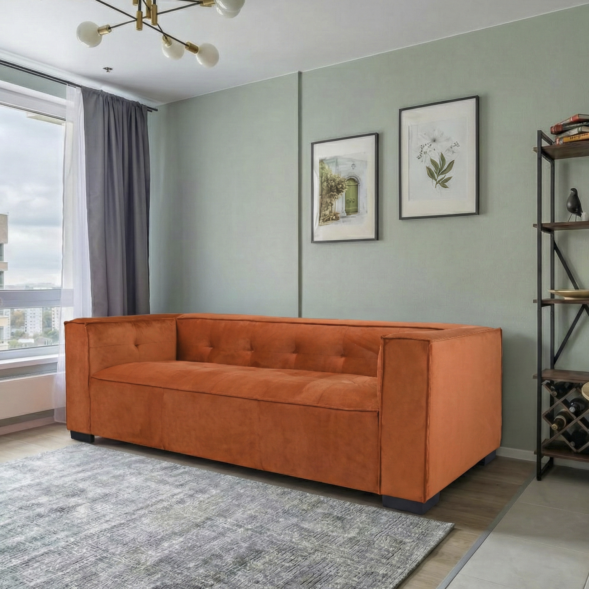 Johnston Modern Velvet Upholstered Sofa with Wide Square Arms and Biscuit Tufting