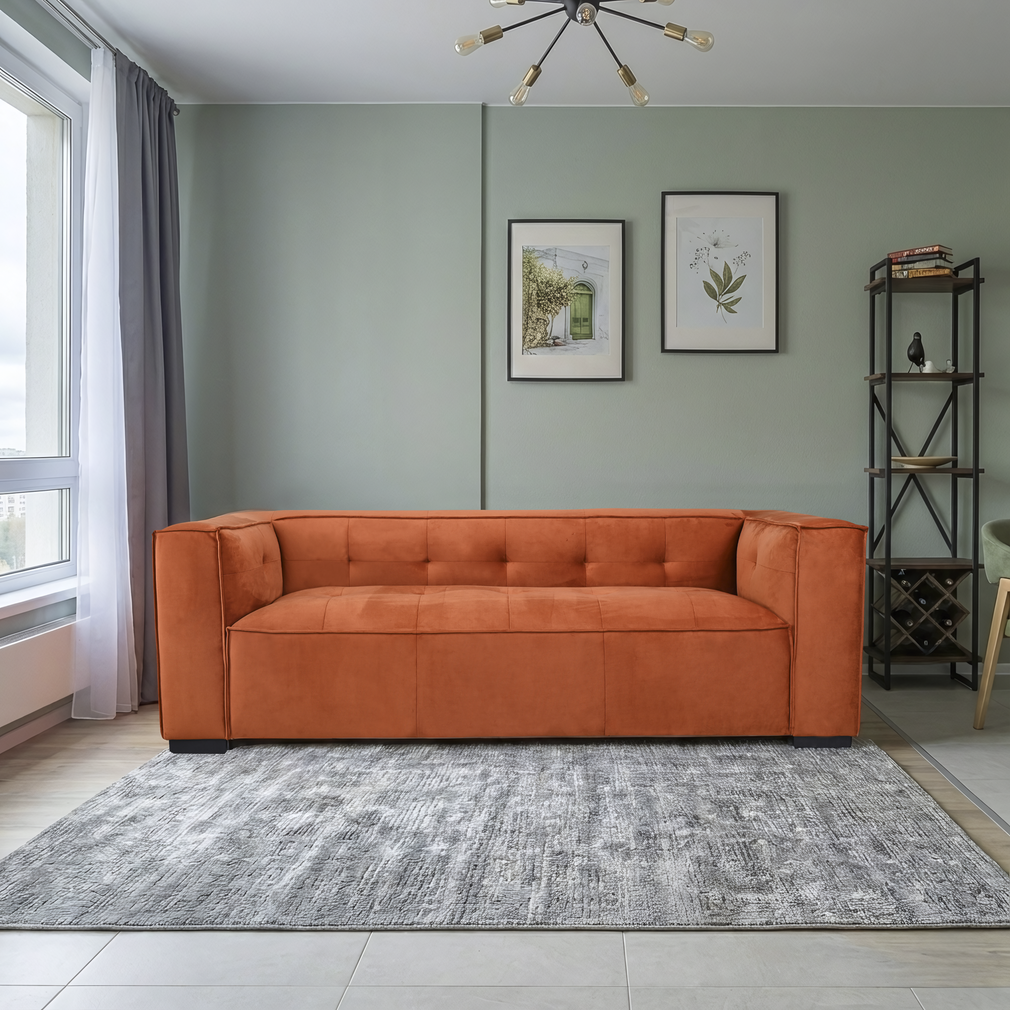 Johnston Modern Velvet Upholstered Sofa with Wide Square Arms and Biscuit Tufting