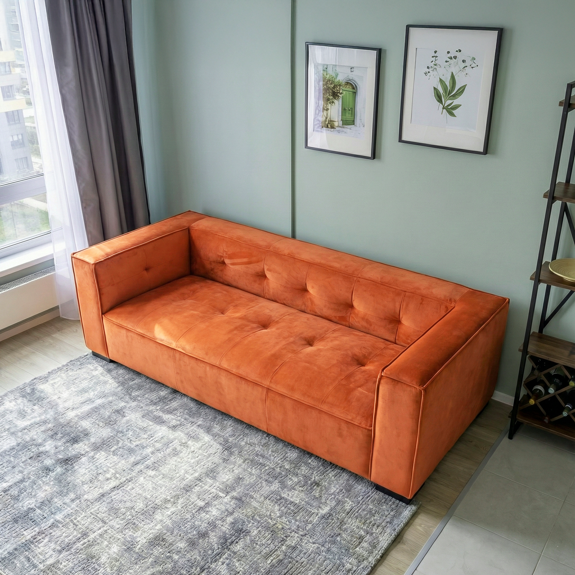 Johnston Modern Velvet Upholstered Sofa with Wide Square Arms and Biscuit Tufting