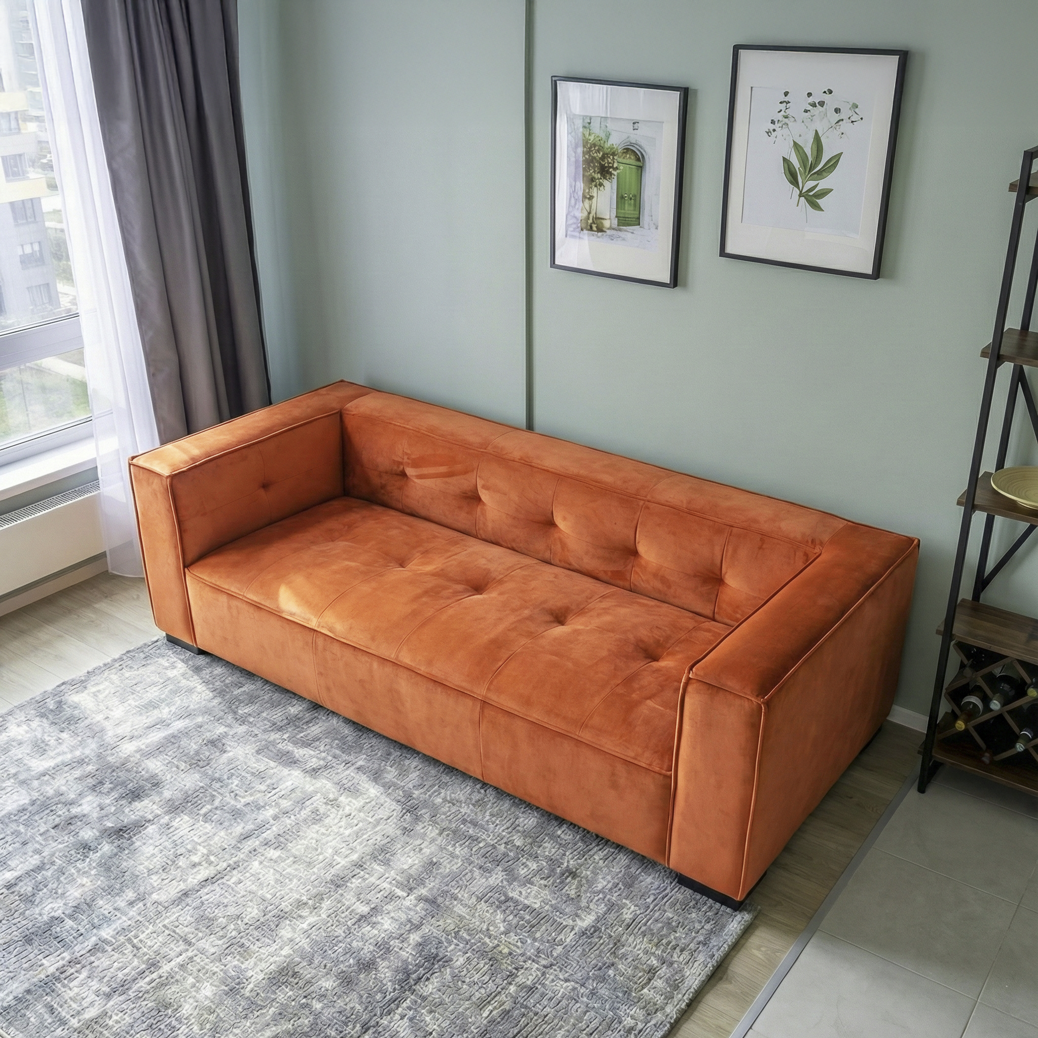 Johnston Modern Velvet Upholstered Sofa with Wide Square Arms and Biscuit Tufting