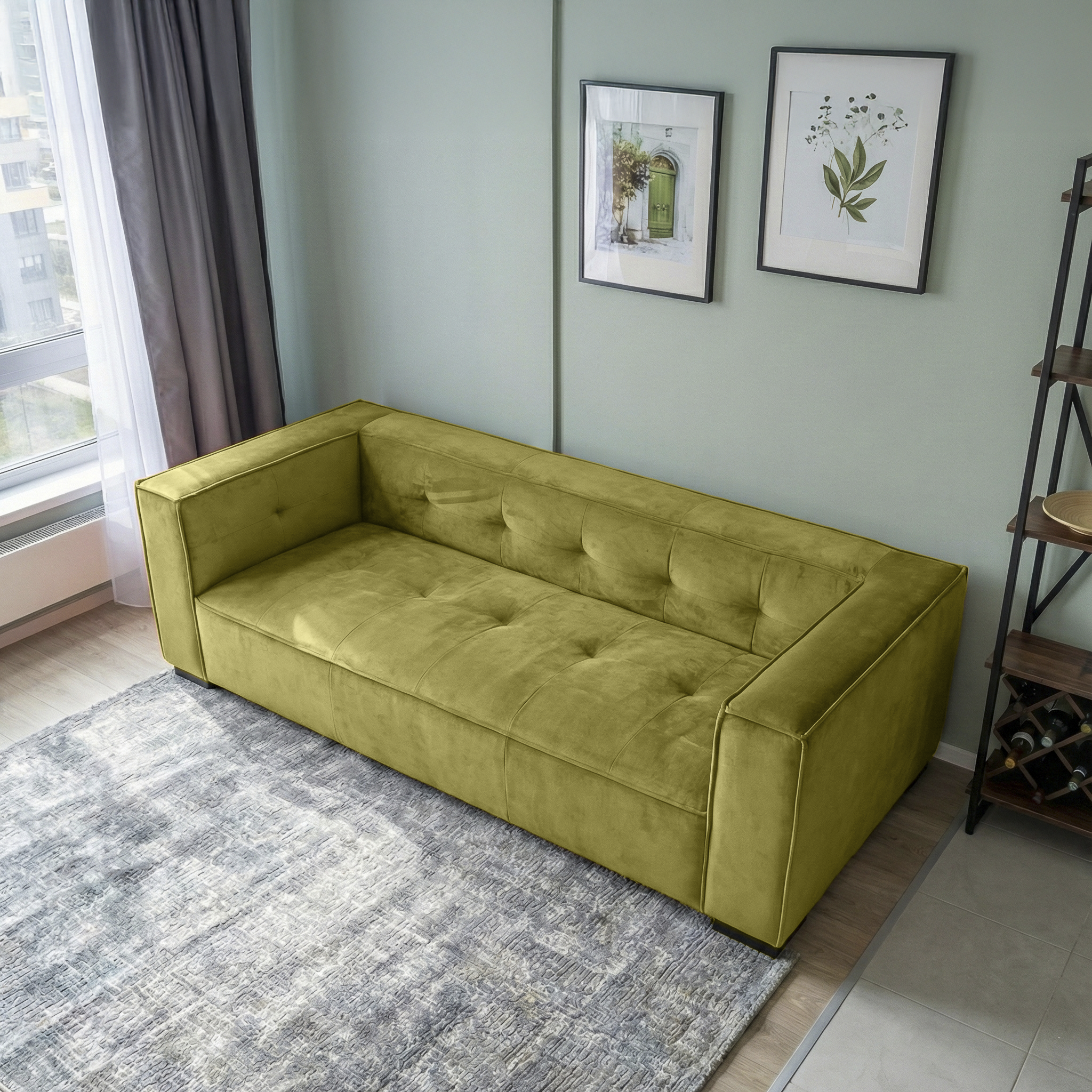 Johnston Modern Velvet Upholstered Sofa with Wide Square Arms and Biscuit Tufting