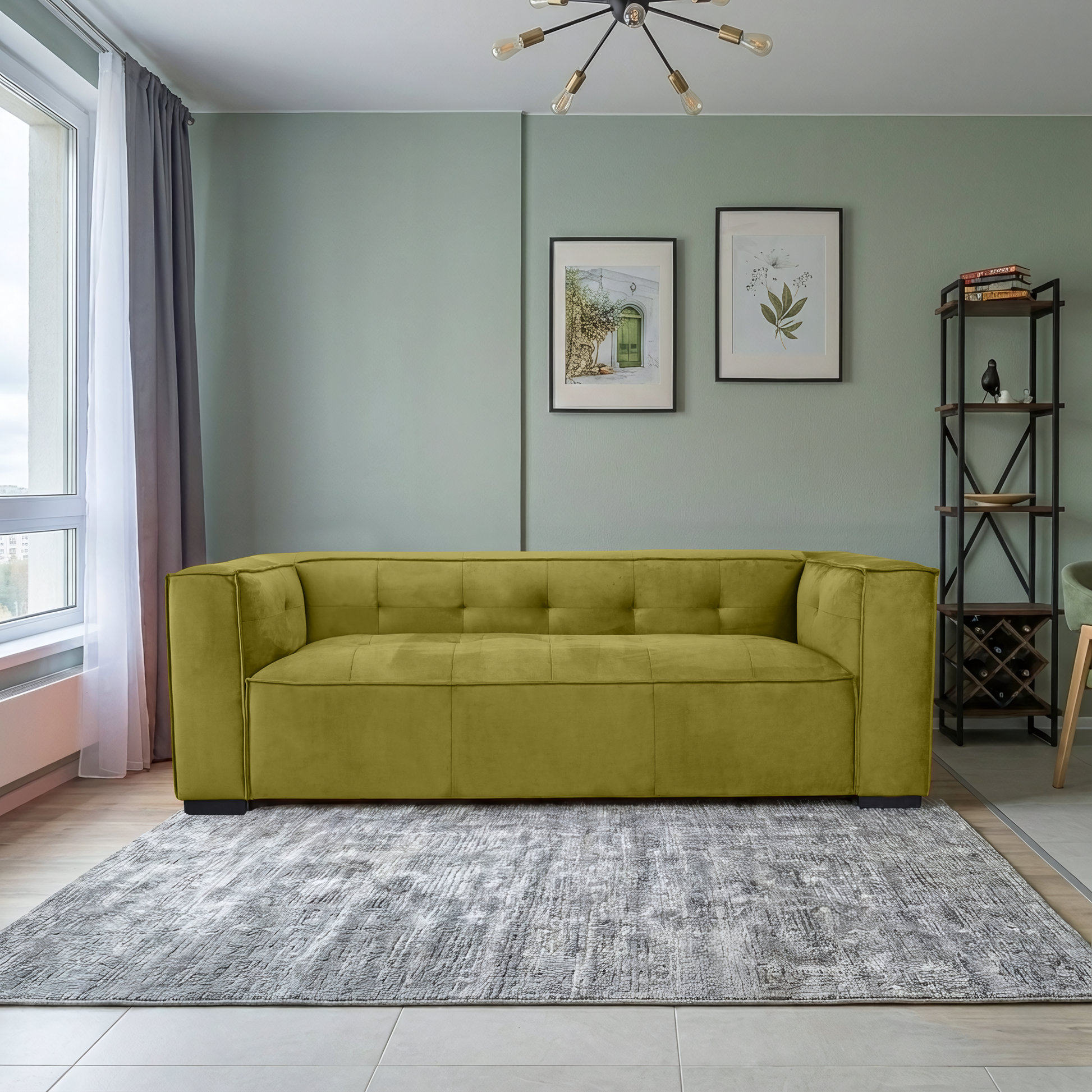 Johnston Modern Velvet Upholstered Sofa with Wide Square Arms and Biscuit Tufting