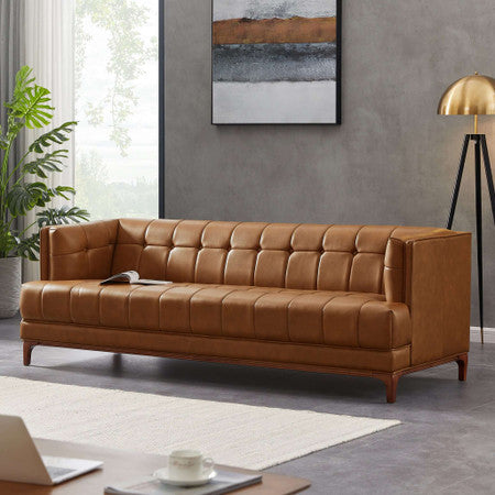 Mara  Tufted Cognac Leather Sofa - 90"