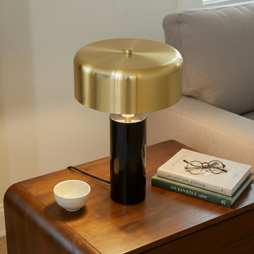 Kinetic Table Lamp | Lustrous Gold Drum and Sleek Black Base