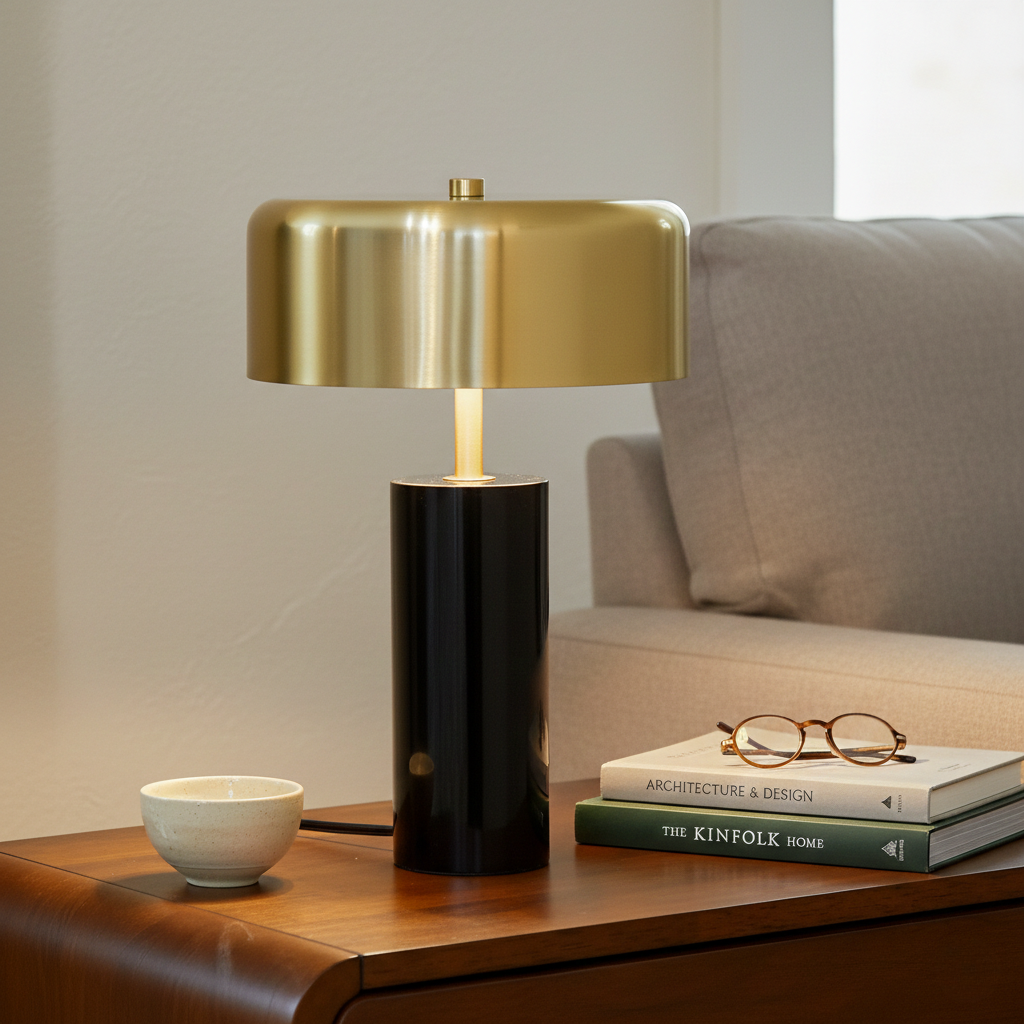 Kinetic Table Lamp | Lustrous Gold Drum and Sleek Black Base