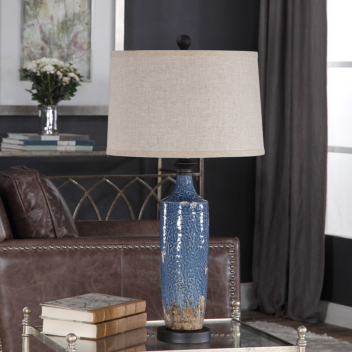 Pennington Round Blue Ceramic Table Lamp