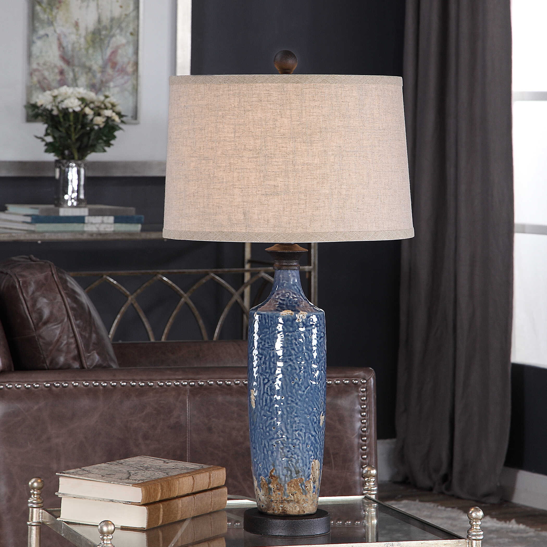 Pennington Round Blue Ceramic Table Lamp