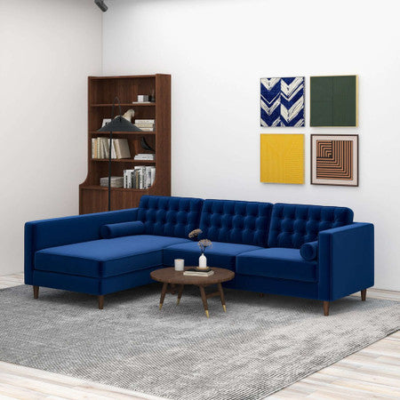 Christian  Blue Velvet Sectional Sofa Left Facing - 102.3"
