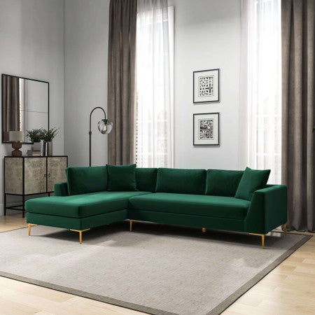 Mano  L-Shaped Velvet Sectional Sofa In Green Left Facing - 112"