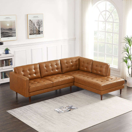 Lucco  Genuine Leather Sectional In Cognac Tan Right Facing - 99"