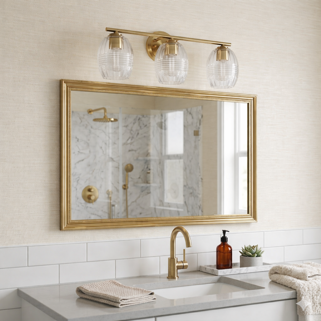 Luster Three Lights Vanity With Clear Glass Mirror Wall Lamp - Satin Brass