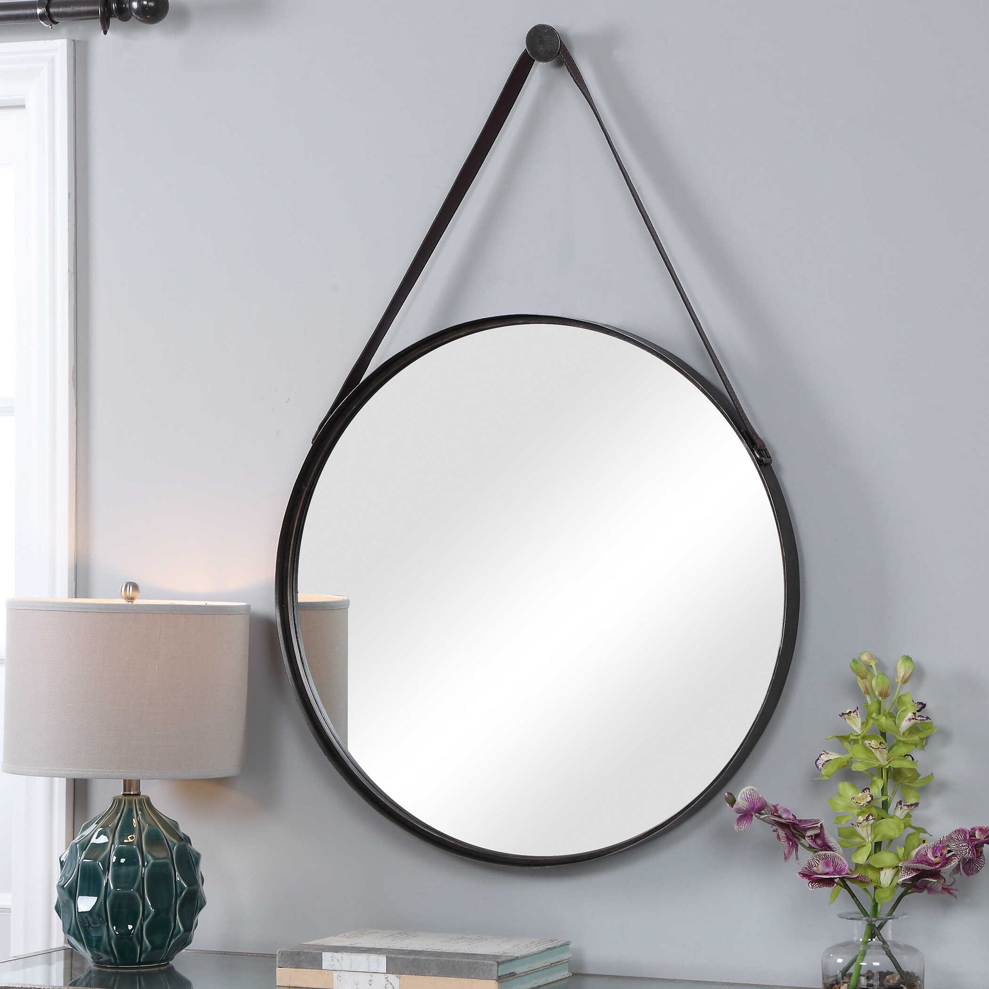 Delphine Round Bronze Leather Wall Mirror