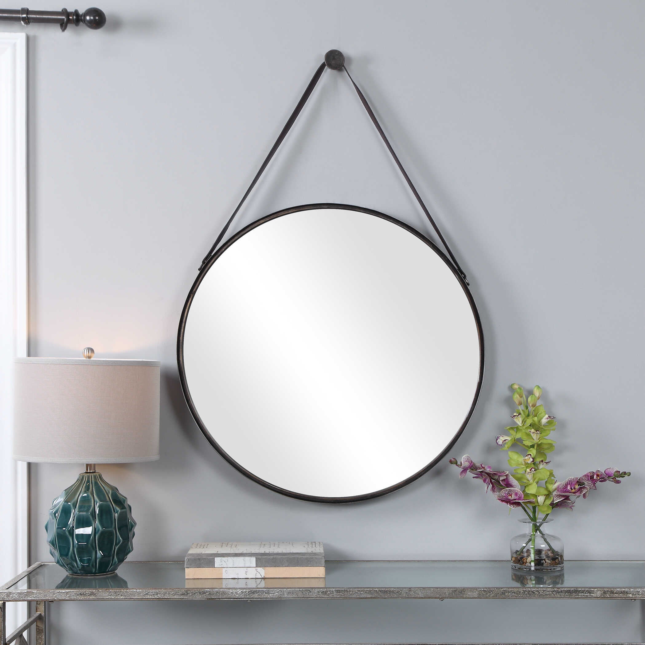 Delphine Round Bronze Leather Wall Mirror
