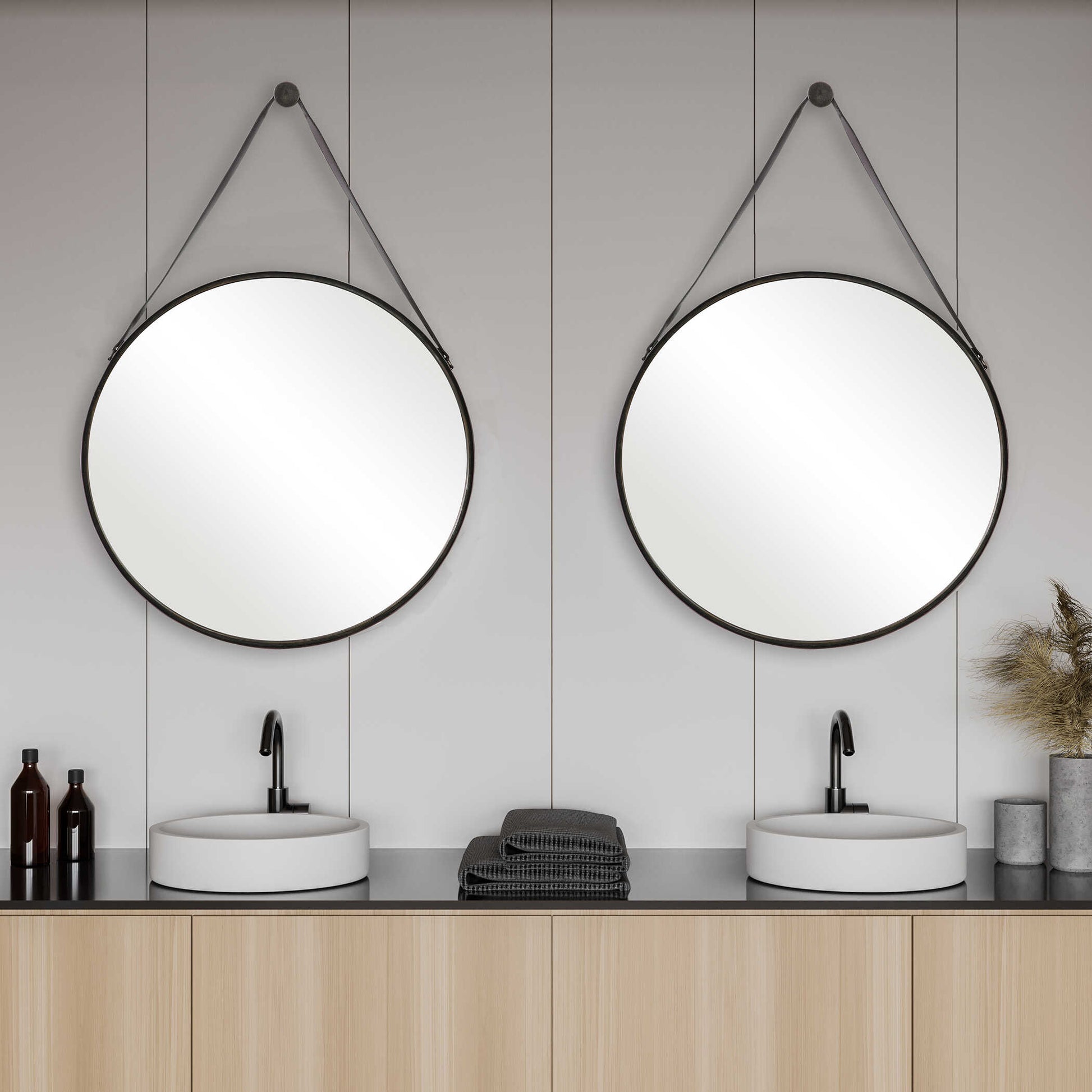 Delphine Round Bronze Leather Wall Mirror