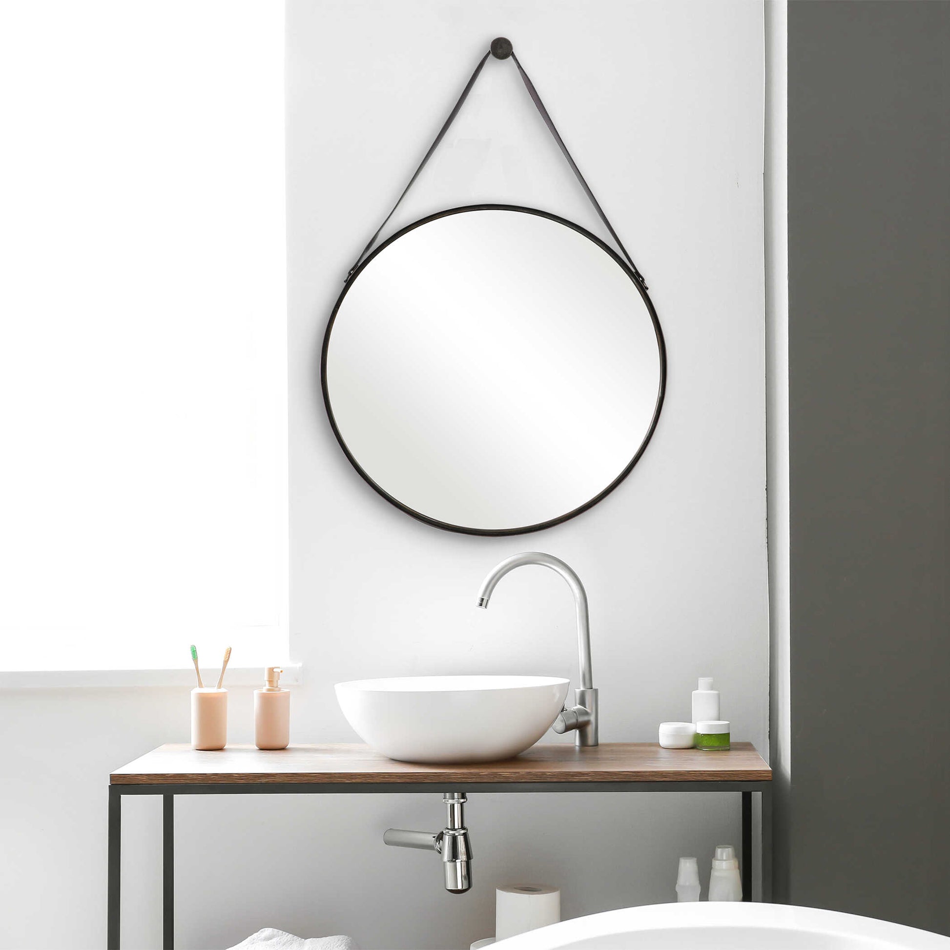 Delphine Round Bronze Leather Wall Mirror