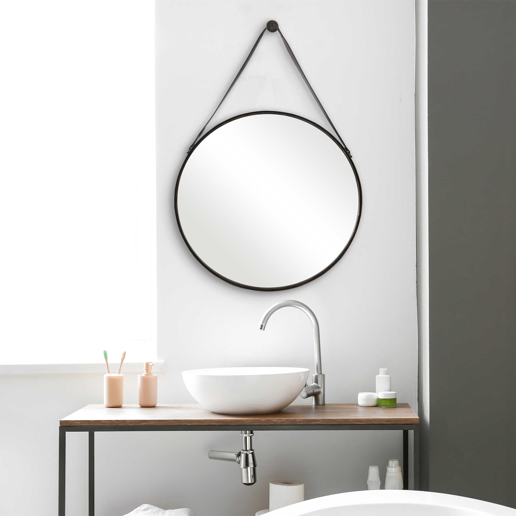 Delphine Round Bronze Leather Wall Mirror