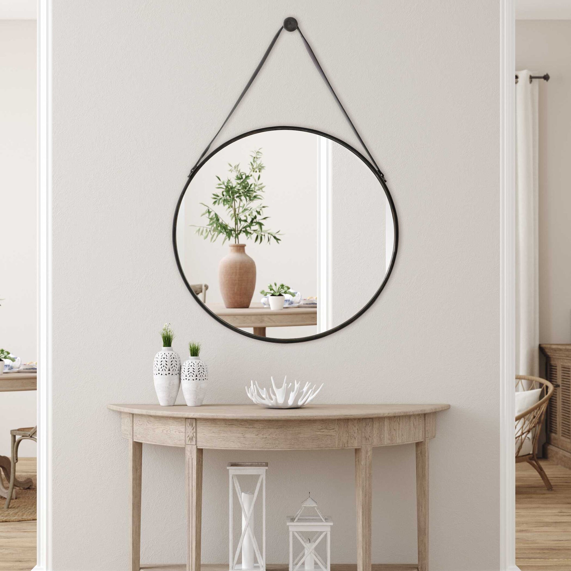 Delphine Round Bronze Leather Wall Mirror